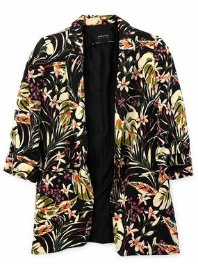Zara Basic Collection Black Floral Print Blazer with Olive & Cream Accents Sz XS